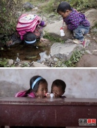 我们每天都要足够的水洗衣做饭，可是在四川省凉山州的一个小县城里，7岁的姐姐和3岁的妹妹上学时······

　　由于村里和学校都没有水，路上渴了，姐姐只能趴在地上喝所谓的“地下水”，并在妹妹身上挂着的小水瓶装满水。课堂上，妹妹拿起水壶喂给姐姐喝。