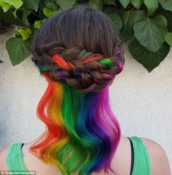 将头发盘起来，隐藏的彩虹头发显露出来。