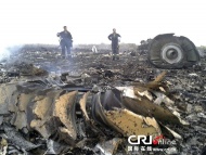 客机坠毁现场，满地残骸。