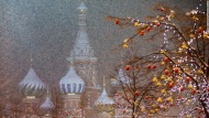 Trees are decorated with Christmas lights on Friday, December 12, as snow covers St. Basil's Cathedral in Moscow's Red Square.